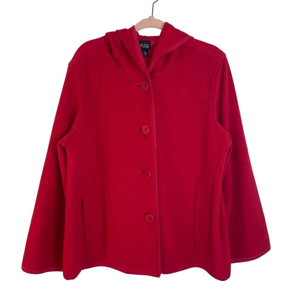 Eileen Fisher Womens Hooded Jacket Size Large Red Melton Button Down Pockets